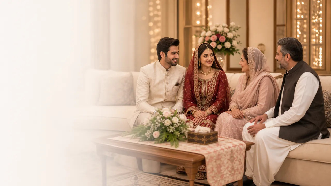 Pakistani couple and families celebrating a meaningful rishta match